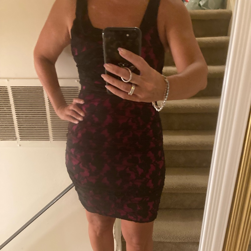 Express pink w black lace overlay cocktail dress